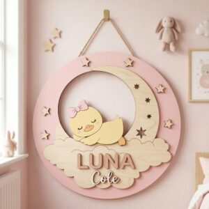 Personalized Wooden Name Sign For Nursery, Baby Shower Gifts, Newborn Keepsake, Custom Duck Moon Star Wood Wall Decor For Kids Room, Round Plaque Sign