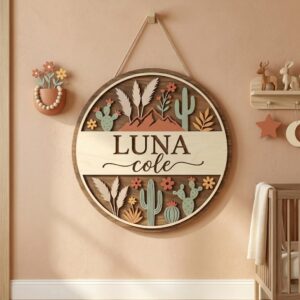 Personalized Wooden Name Sign For Nursery, Custom Desert Cactus Wood Wall Decor For Kids Room, Baby Shower Gifts, Newborn Keepsake