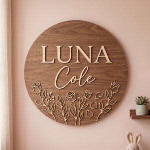 Personalized Wooden Name Sign For Nursery, Baby Shower Gifts, Newborn Keepsake, Rose Floral Dark Wood Wall Decor Baby Girl Room Custom Plaque Art Gift