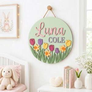 Personalized Wooden Name Sign For Nursery, Custom Tulip Daffodil Wood Wall Decor For Kids Room, Baby Shower Gifts, Newborn Keepsake