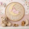 Personalized Wooden Name Sign For Nursery, Baby Shower Gifts, Newborn Keepsake, Custom Sleeping Bunny Moon Wood Wall Decor For Baby Girl Nursery