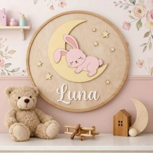 Personalized Wooden Name Sign For Nursery, Baby Shower Gifts, Newborn Keepsake, Custom Sleeping Bunny Moon Wood Wall Decor For Baby Girl Nursery