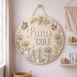 Personalized Wooden Name Sign For Nursery, Baby Shower Gifts, Newborn Keepsake, Wildflower Butterfly Round Wall Decor Kids Room Custom Wood Arts Signs