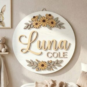 Personalized Wooden Name Sign For Nursery, Baby Shower Gifts, Newborn Keepsake, Sunflower Floral Round Wall Decor Baby Girl Room Custom Plaque Kids