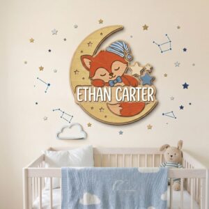 Personalized Wooden Name Sign For Nursery, Baby Shower Gifts, Newborn Keepsake, Custom Sleeping Fox Crescent Moon Wood Wall Decor For Baby Boy Nursery