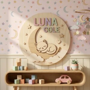 Personalized Wooden Name Sign For Nursery, Baby Shower Gifts, Newborn Keepsake, Sleeping Cat Moon Cloud Wall Decor Kids Room Plaque Gift Wall Art