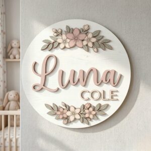 Personalized Wooden Name Sign For Nursery, Baby Shower Gifts, Newborn Keepsake, Custom Cherry Blossom Wood Wall Decor For Baby Girl Room, Nursery Sign