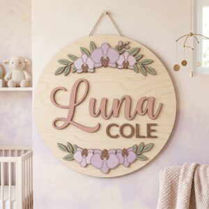 Personalized Wooden Name Sign For Nursery, Baby Shower Gifts, Newborn Keepsake, Custom Orchid Floral Wood Wall Decor For Baby Girl Nursery