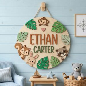 Personalized Wooden Name Sign For Nursery, Baby Shower Gifts, Newborn Keepsake, Woodland Animals Round Wall Decor Baby Room Custom Plaque Gifts
