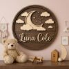 Personalized Wooden Name Sign For Nursery, Baby Shower Gifts, Newborn Keepsake, Dark Wood Moon Cloud Round Wall Decor Baby Girl Room Custom Plaque