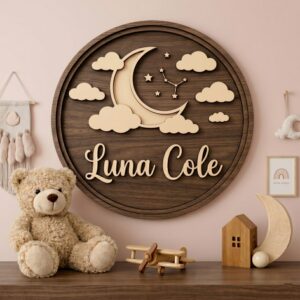 Personalized Wooden Name Sign For Nursery, Baby Shower Gifts, Newborn Keepsake, Dark Wood Moon Cloud Round Wall Decor Baby Girl Room Custom Plaque