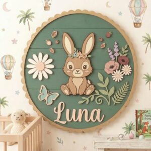 Personalized Wooden Name Sign For Nursery, Custom Bunny Wooden Wall Sign With Daisy Butterfly Decor, Wood Sign For Kid Room, Baby Shower Gifts