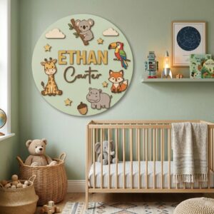 Personalized Wooden Name Sign For Nursery, Baby Shower Gifts, Newborn Keepsake, Custom Safari Jungle Animals Wood Wall Decor For Kids Room