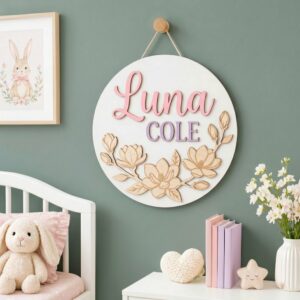 Personalized Wooden Name Sign For Nursery, Custom Magnolia Blossom Wood Wall Decor For Kids Room, Baby Shower Gifts, Newborn Keepsake