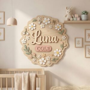 Personalized Wooden Name Sign For Nursery, Custom Daisy Scallop Wood Wall Decor For Kids Room, Baby Shower Gifts, Newborn Keepsake