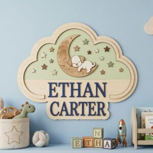 Personalized Wooden Name Sign For Nursery, Baby Shower Gifts, Newborn Keepsake, Custom Puppy Moon Stars Cloud Wood Wall Decor For Baby Boy Nursery