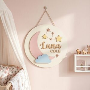 Personalized Wooden Name Sign For Nursery, Baby Shower Gifts, Newborn Keepsake, Custom Pink Moon Cloud Star Wood Wall Decor For Baby Girl Room