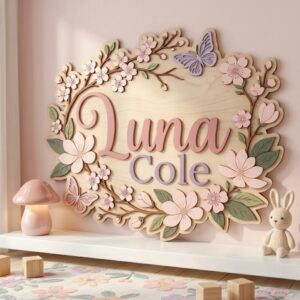 Personalized Wooden Name Sign For Nursery, Baby Shower Gifts, Newborn Keepsake, Floral Butterfly Wall Decor Baby Girl Room Custom Wood Plaque Art Gift