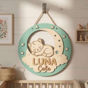 Personalized Wooden Name Sign For Nursery, Baby Shower Gifts, Newborn Keepsake, Sleeping Cat Moon Wall Decor Baby Room Custom Wood Plaque Kid Wall Art
