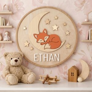Personalized Wooden Name Sign For Nursery, Baby Shower Gifts, Newborn Keepsake, Custom Sleeping Fox Moon Stars Wood Wall Decor For Baby Boy Room