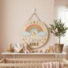 Personalized Wooden Name Sign For Nursery, Baby Shower Gifts, Newborn Keepsake, Custom Rainbow Clouds Moon Stars Wood Wall Decor For Baby Girl Nursery