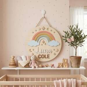 Personalized Wooden Name Sign For Nursery, Baby Shower Gifts, Newborn Keepsake, Custom Rainbow Clouds Moon Stars Wood Wall Decor For Baby Girl Nursery