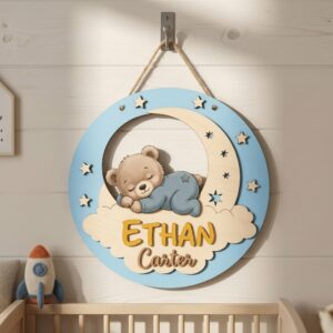 Personalized Wooden Name Sign For Nursery, Baby Shower Gifts, Newborn Keepsake, Custom Sleeping Bear Moon Cloud Wood Wall Decor For Baby Boy Room Sign