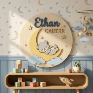 Personalized Wooden Name Sign For Nursery, Baby Shower Gifts, Newborn Keepsake, Custom Sleeping Bear Moon Stars Wood Wall Decor For Kids Room Sign Art