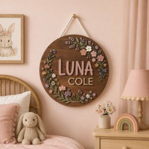 Personalized Wooden Name Sign For Nursery, Custom Wildflower Wood Wall Decor For Kids Room, Baby Shower Gifts, Newborn Keepsake