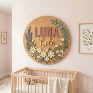 Personalized Wooden Name Sign For Nursery, Baby Shower Gifts, Newborn Keepsake, Custom Daisy Eucalyptus Lavender Wood Wall Decor For Baby Girl Nursery