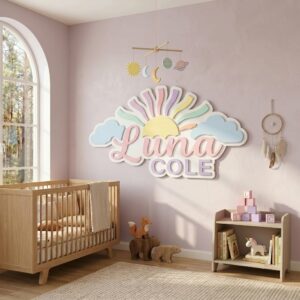Personalized Wooden Name Sign For Nursery, Baby Shower Gifts, Newborn Keepsake, Custom Pastel Sunrise Clouds Wood Wall Decor For Baby Girl Nursery Art