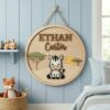 Personalized Wooden Name Sign For Nursery, Baby Shower Gifts, Newborn Keepsake, Custom Zebra Safari Wood Wall Decor For Baby Boy Nursery, Round Sign