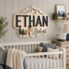 Personalized Woodland Wooden Name Sign For Nursery Custom 3D Layered Mountain And Deer Wood Name Wall Decor For Baby Boy Room Adventure Nursery - View 1