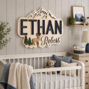 Personalized Woodland Wooden Name Sign For Nursery Custom 3D Layered Mountain And Deer Wood Name Wall Decor For Baby Boy Room Adventure Nursery - View 1