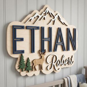 Personalized Woodland Wooden Name Sign For Nursery Custom 3D Layered Mountain And Deer Wood Name Wall Decor For Baby Boy Room Adventure Nursery