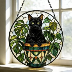Black Cat Stained Glass Suncatcher, Botanical Cat Glass Decor, Round Cat Stained Glass, Decor Gift For Cat Lovers Mom Friend - Style 1