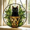 Black Cat Stained Glass Suncatcher, Botanical Cat Glass Decor, Round Cat Stained Glass, Decor Gift For Cat Lovers Mom Friend - Style 10