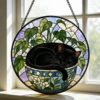Black Cat Stained Glass Suncatcher, Botanical Cat Glass Decor, Round Cat Stained Glass, Decor Gift For Cat Lovers Mom Friend - Style 2