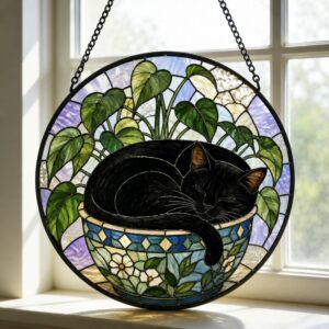 Black Cat Stained Glass Suncatcher, Botanical Cat Glass Decor, Round Cat Stained Glass, Decor Gift For Cat Lovers Mom Friend - Style 2