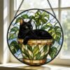Black Cat Stained Glass Suncatcher, Botanical Cat Glass Decor, Round Cat Stained Glass, Decor Gift For Cat Lovers Mom Friend - Style 3