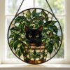 Black Cat Stained Glass Suncatcher, Botanical Cat Glass Decor, Round Cat Stained Glass, Decor Gift For Cat Lovers Mom Friend - Style 4