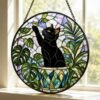 Black Cat Stained Glass Suncatcher, Botanical Cat Glass Decor, Round Cat Stained Glass, Decor Gift For Cat Lovers Mom Friend - Style 5