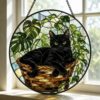 Black Cat Stained Glass Suncatcher, Botanical Cat Glass Decor, Round Cat Stained Glass, Decor Gift For Cat Lovers Mom Friend - Style 6