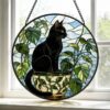 Black Cat Stained Glass Suncatcher, Botanical Cat Glass Decor, Round Cat Stained Glass, Decor Gift For Cat Lovers Mom Friend - Style 7