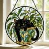 Black Cat Stained Glass Suncatcher, Botanical Cat Glass Decor, Round Cat Stained Glass, Decor Gift For Cat Lovers Mom Friend - Style 8
