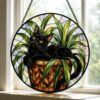 Black Cat Stained Glass Suncatcher, Botanical Cat Glass Decor, Round Cat Stained Glass, Decor Gift For Cat Lovers Mom Friend - Style 9