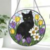 Black Cat Stained Glass Suncatcher, Floral Window Hanging, Gift For Cat Lovers, Round Cat Stained Glass - Style 1