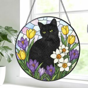 Black Cat Stained Glass Suncatcher, Floral Window Hanging, Gift For Cat Lovers, Round Cat Stained Glass - Style 1