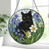 Black Cat Stained Glass Suncatcher, Floral Window Hanging, Gift For Cat Lovers, Round Cat Stained Glass - Style 10