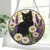 Black Cat Stained Glass Suncatcher, Floral Window Hanging, Gift For Cat Lovers, Round Cat Stained Glass - Style 2